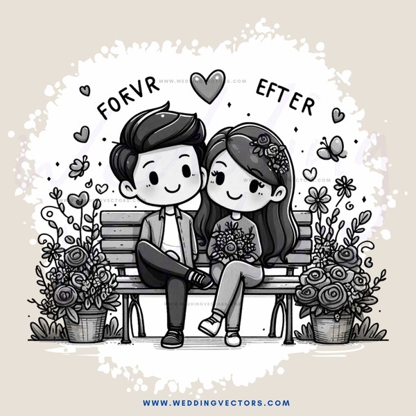 two people sitting on a bench with flowers and love symbols