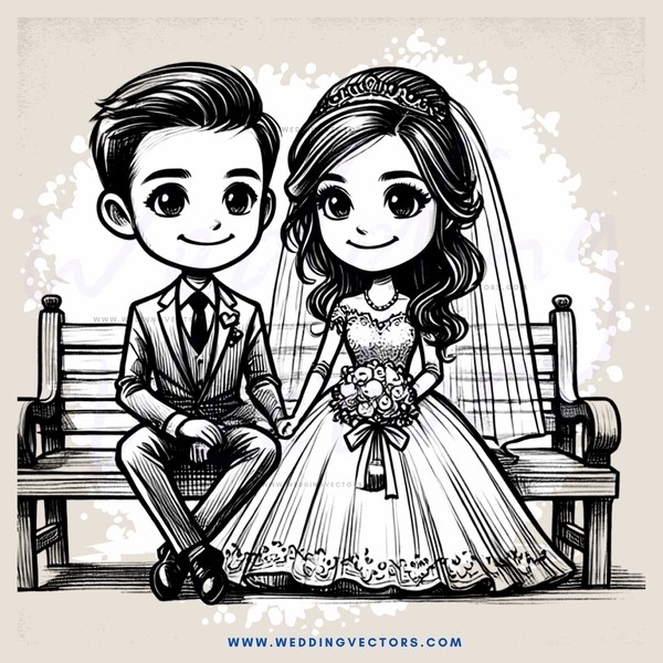 couple sitting on bench in black and white cartoon style