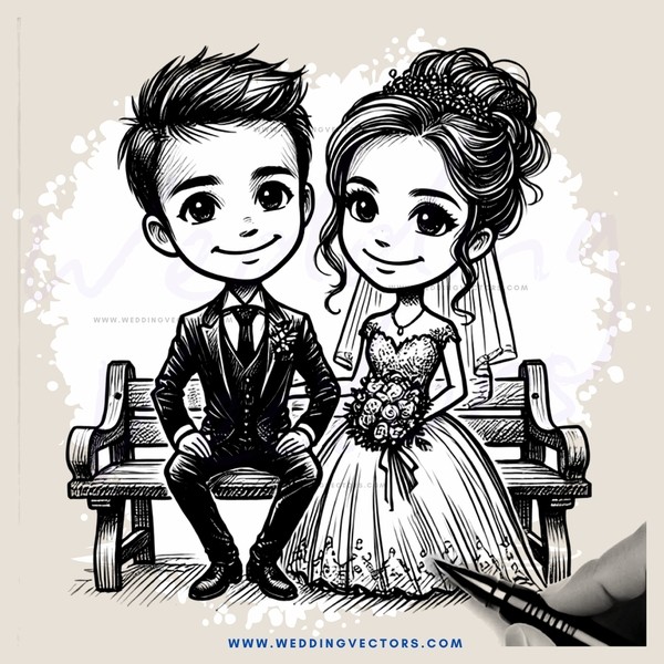 cartoon couple sitting on bench drawing