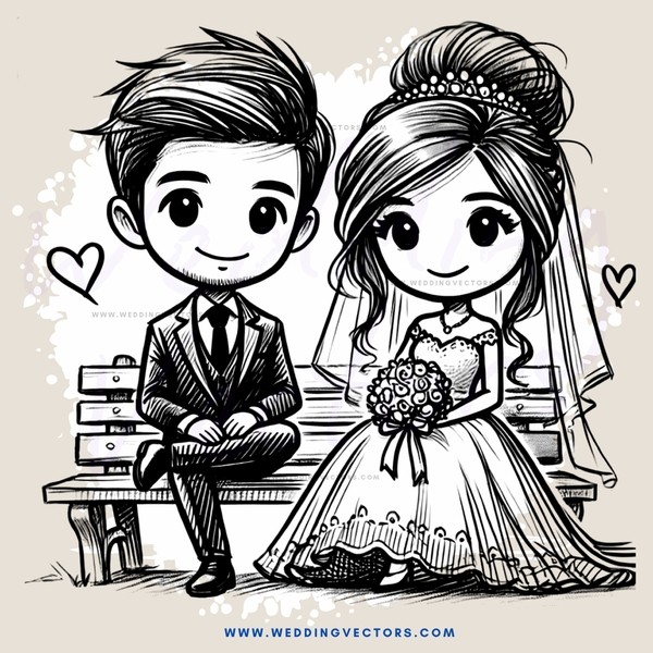 a bride and groom sitting on a bench