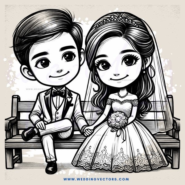 wedding couple in black and white cartoon