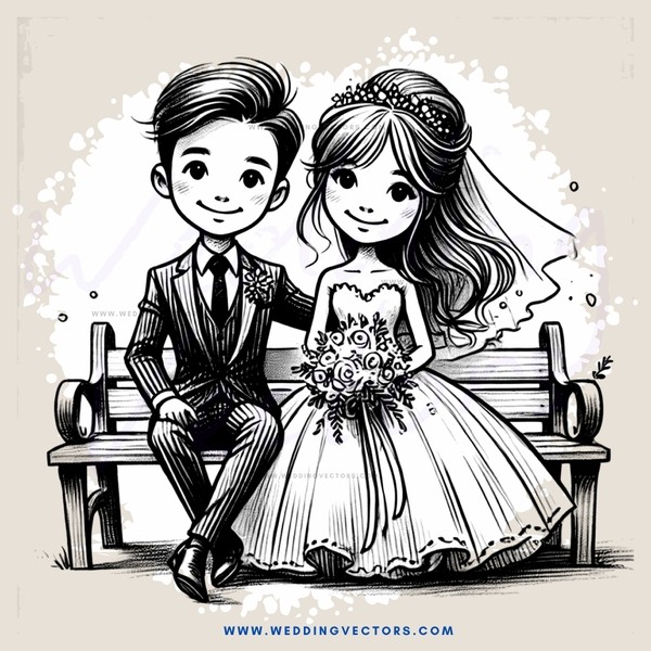 a bride and groom sitting on a bench