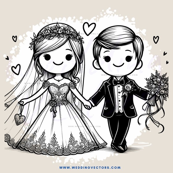 wedding couple holding hands and flower bouquets