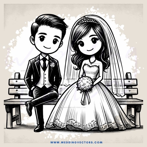 the bride and groom sit on a bench