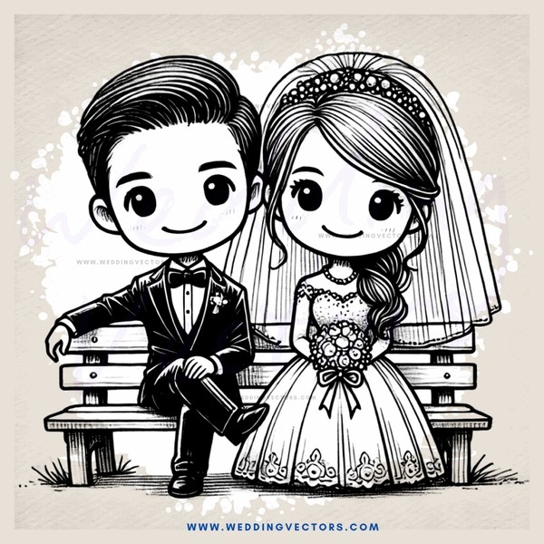 a bride and groom sitting on a park bench