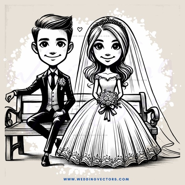 the groom and bride sitting on a bench