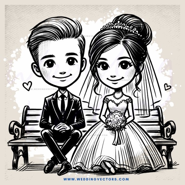 a newlywed couple sitting on a bench