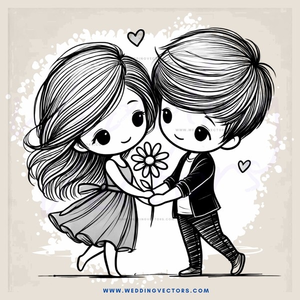 a boy and girl hugging with flowers on their fingers