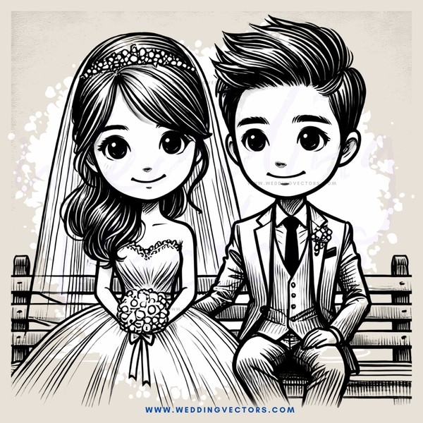 a bride and groom sit on benches