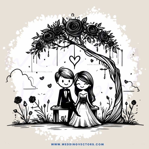 a couple sitting under an arch with flowers and hearts
