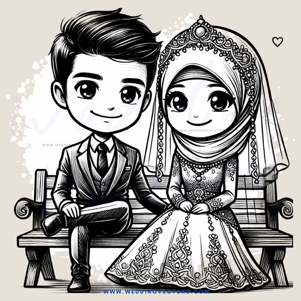 couple sitting on bench with wedding rings around neck