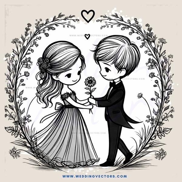 two people in an oval formation with flowers and a heart
