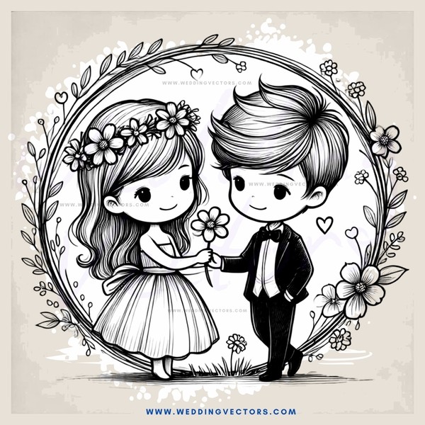 a couple's portrait surrounded by flowers and leaves
