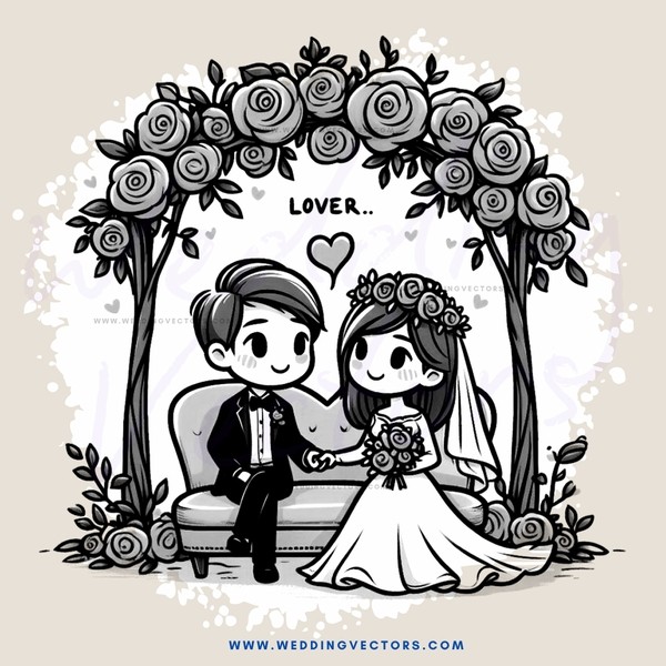 wedding couple posing under roses in heart shape frame