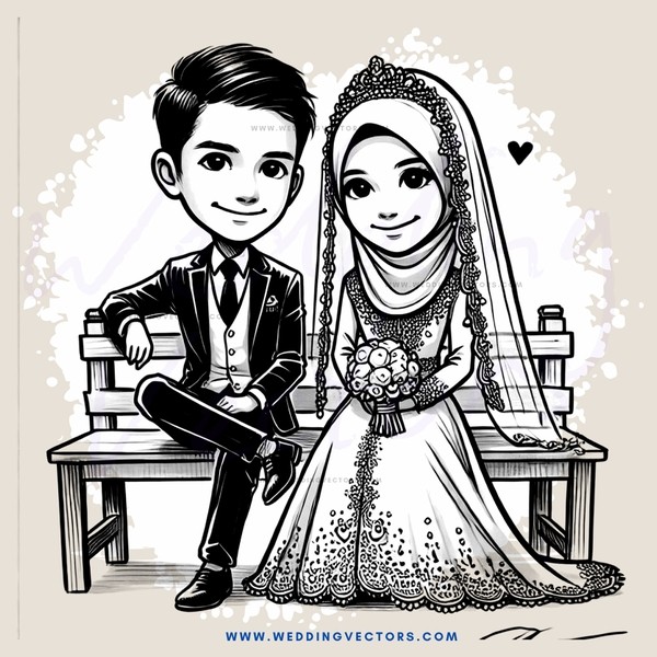 a newlywed couple sitting on a bench
