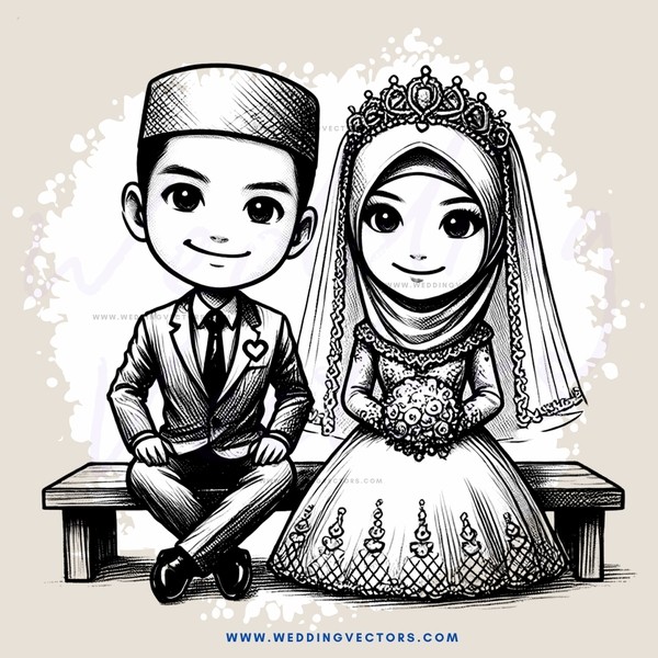 the bride and groom seated on benches with wedding attire