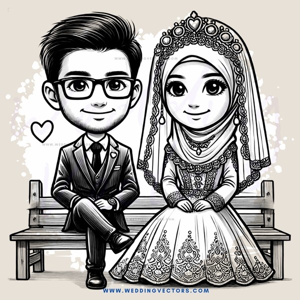 a bride and groom on a bench with hearts around them