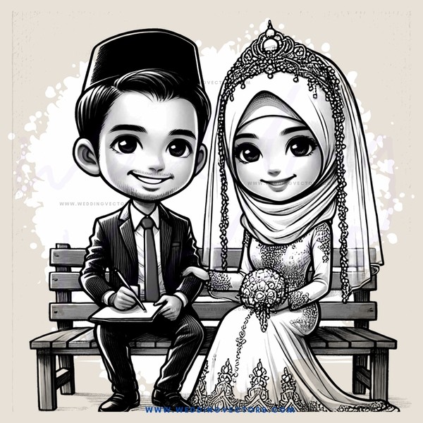 a newlywed couple sitting on a bench