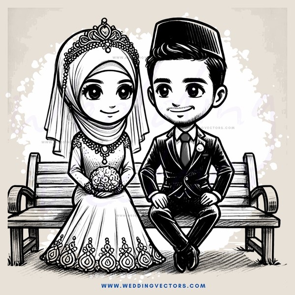 the bride and groom sitting on a bench