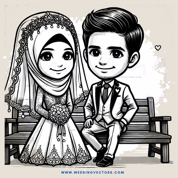 a bride and groom on a bench