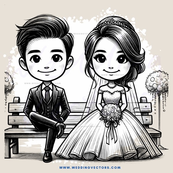 a bride and groom on a bench