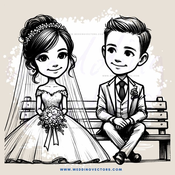 wedding bride & groom cartoon drawing