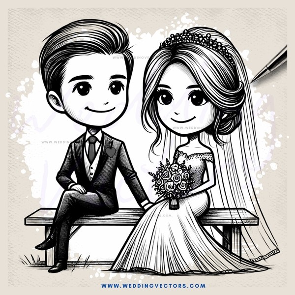 a cartoon drawing of a bride and groom sitting on a bench