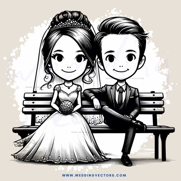 a bride and groom sitting on a bench