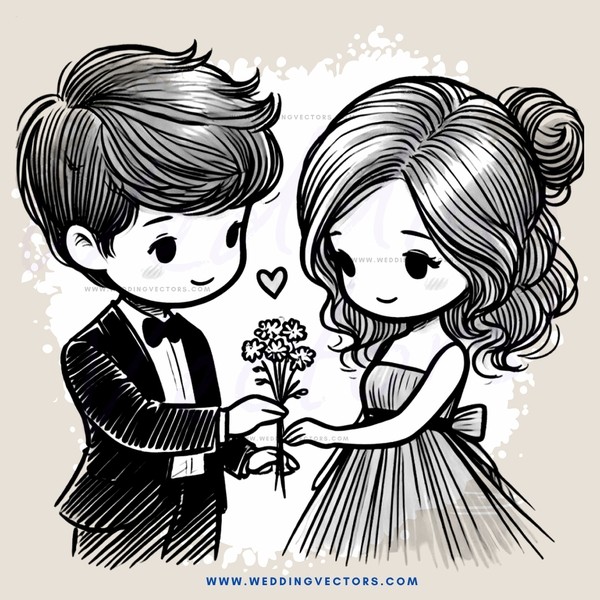 a boy and girl exchanging flowers