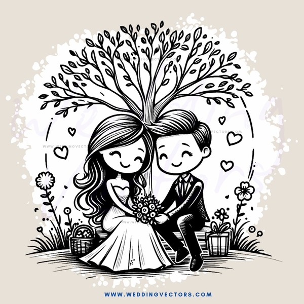 bride and groom sitting next to tree with rings on their hands