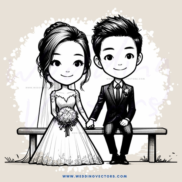 a newlywed couple sitting on a bench