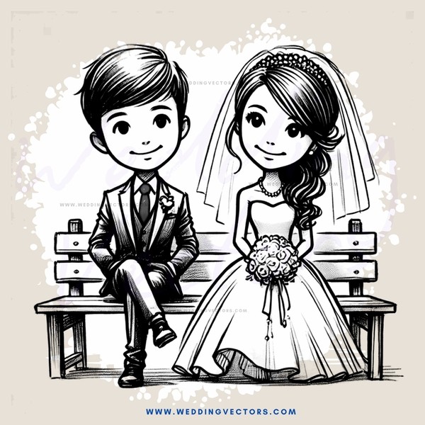 a couple sitting on benches, dressed in wedding attire