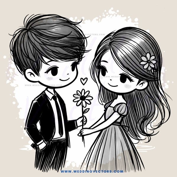 a boy and girl holding hands and flowers