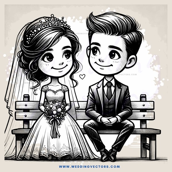 a wedding bride and groom sitting on a bench