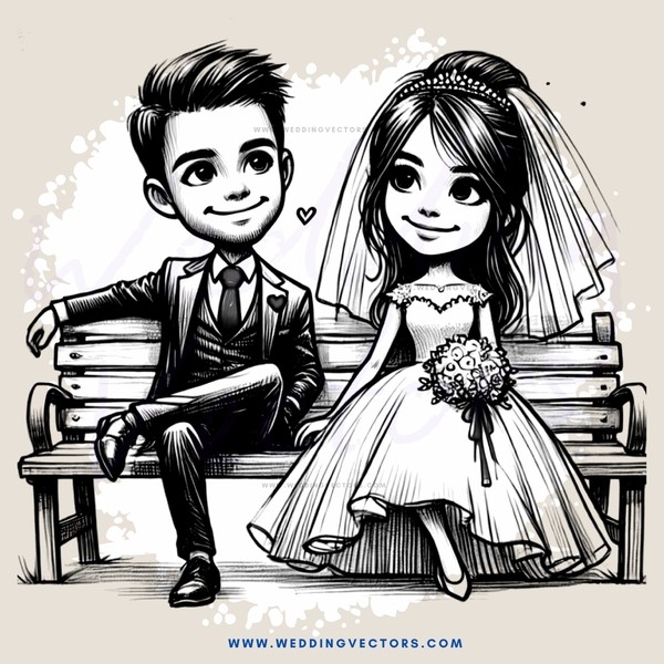 a bride and groom sitting on a bench