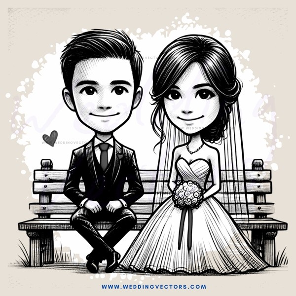 newlyweds sit on bench with hearts and flowers