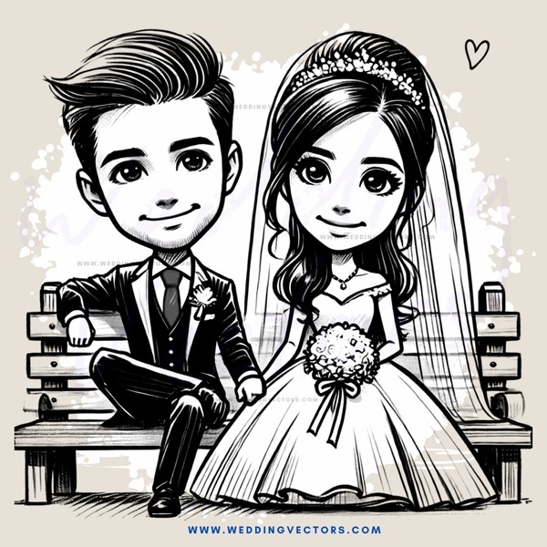 a wedding couple sitting on a bench