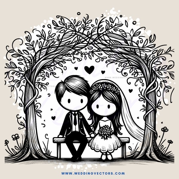 a couple in an archway with love hearts floating around them