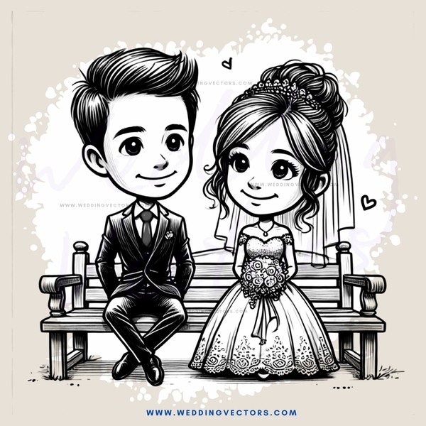 a bride and groom on a bench