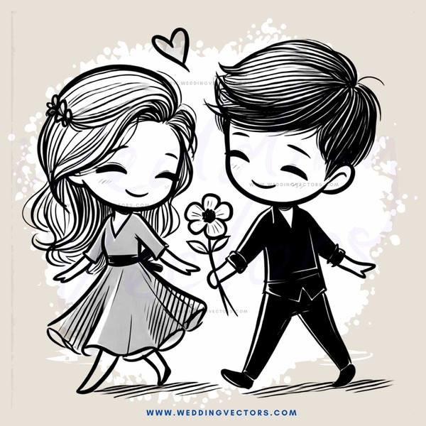 a cartoon couple holding a flower