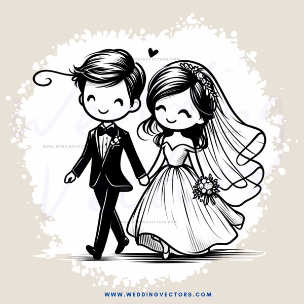 groom and bride in black and white line drawing