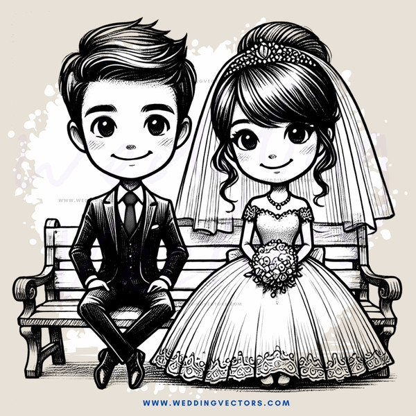 a bride and groom on a bench