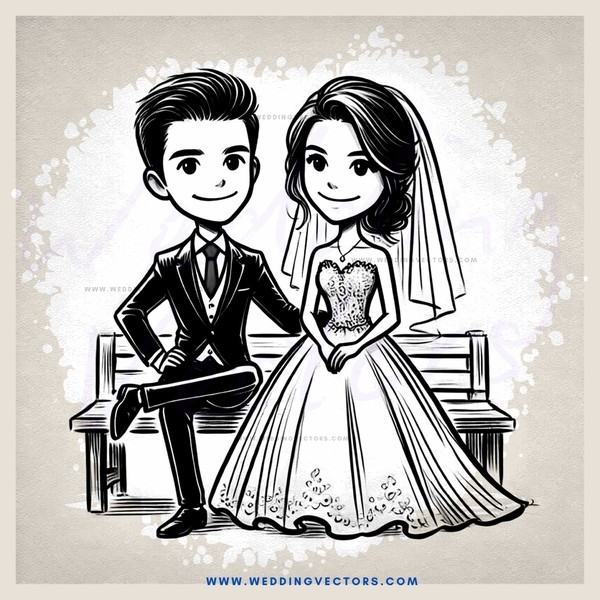 a bride and groom on a bench