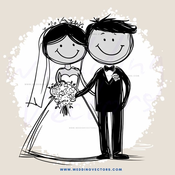 a black and white cartoon wedding picture of bride and groom