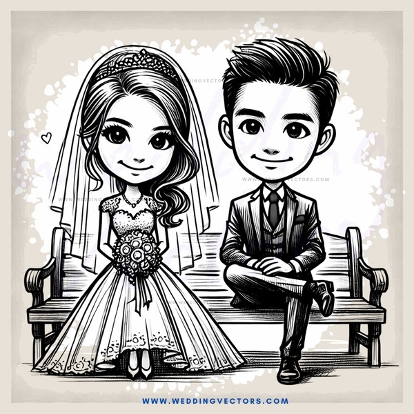a newlywed couple sits on a bench