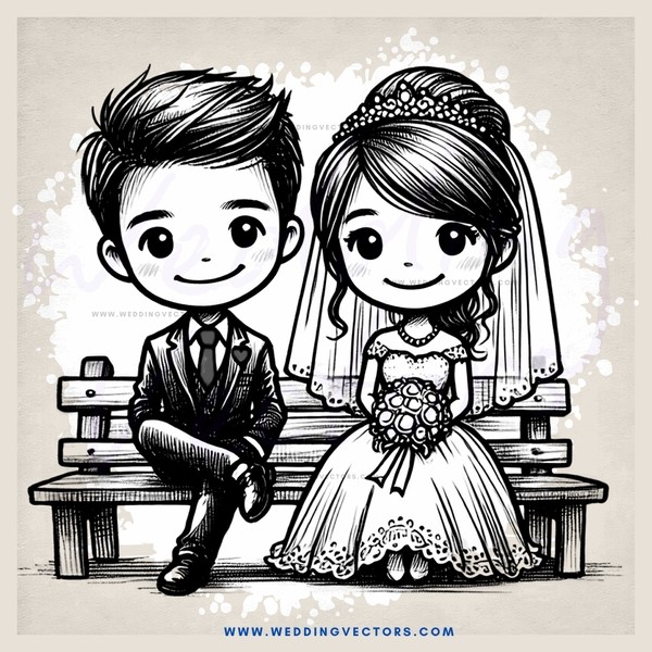 a bride and groom sitting on a bench