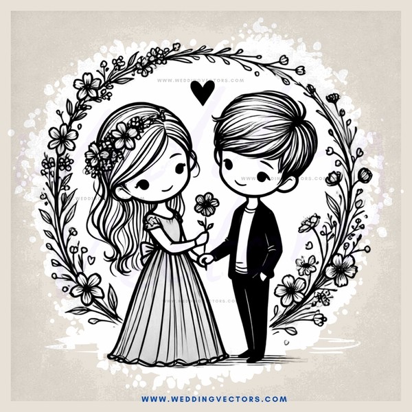 an engagement illustration with two people and flowers