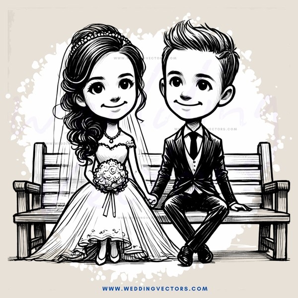 a bride and groom on a bench