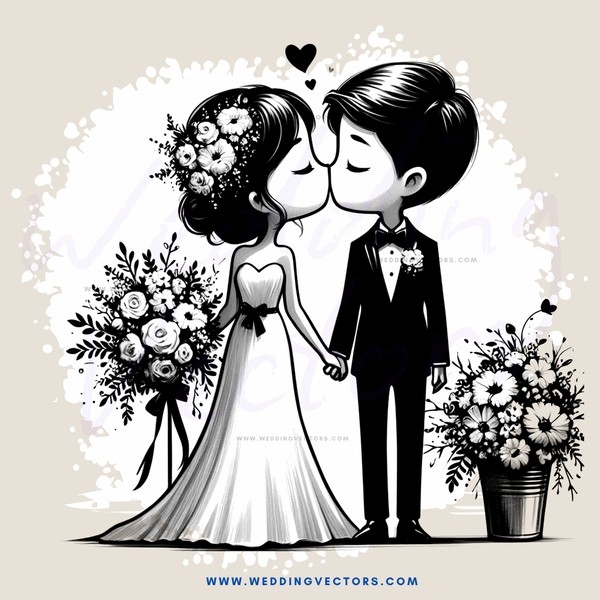 a bride and groom kissing in front of vases