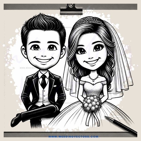 a bride and groom cartoon picture with pen on top